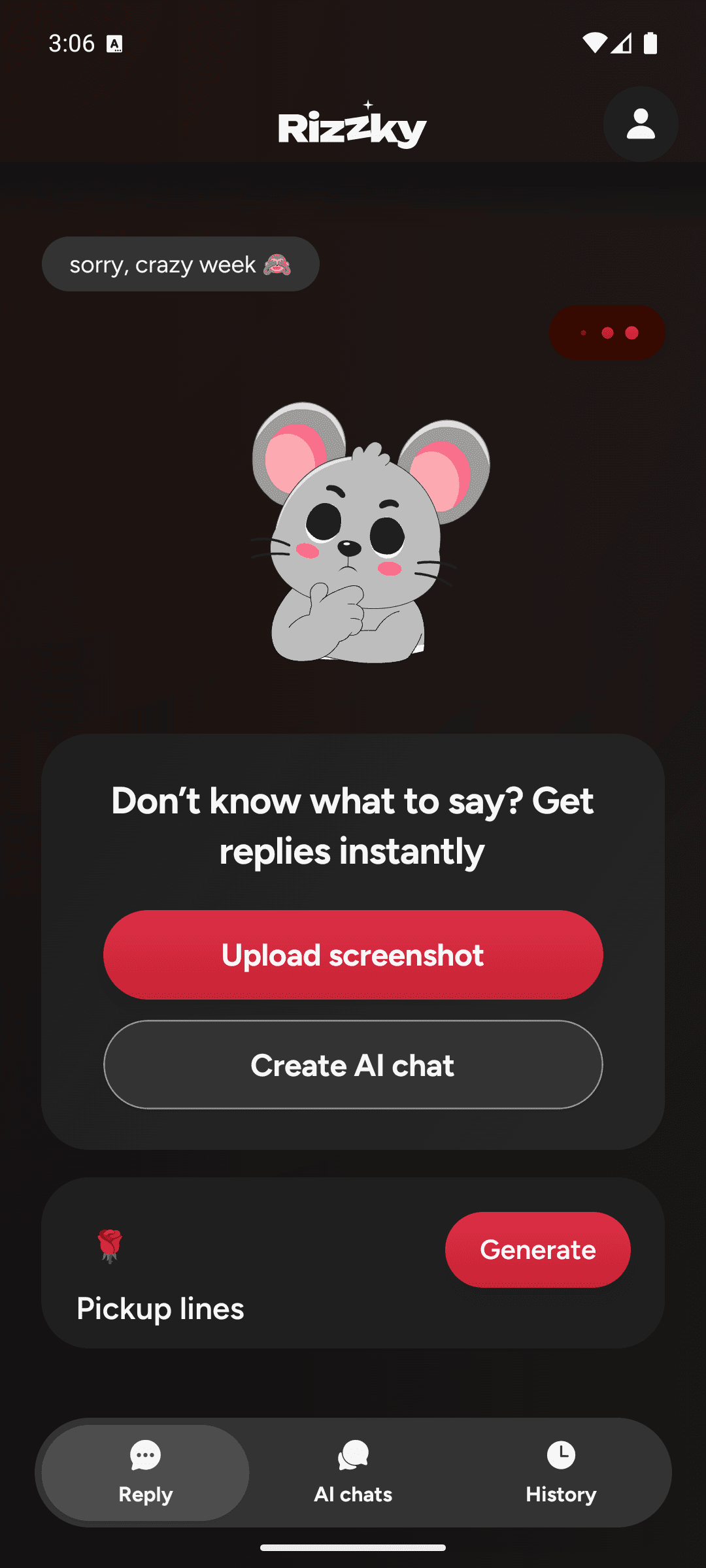 Rizzky's home screen with the upload-screenshot and create-AI-chat buttons