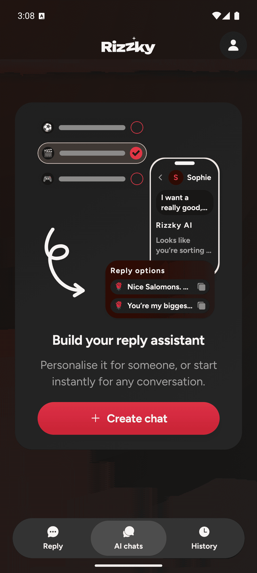 Rizzky's AI Chats tab empty state, prompting you to build a reply assistant