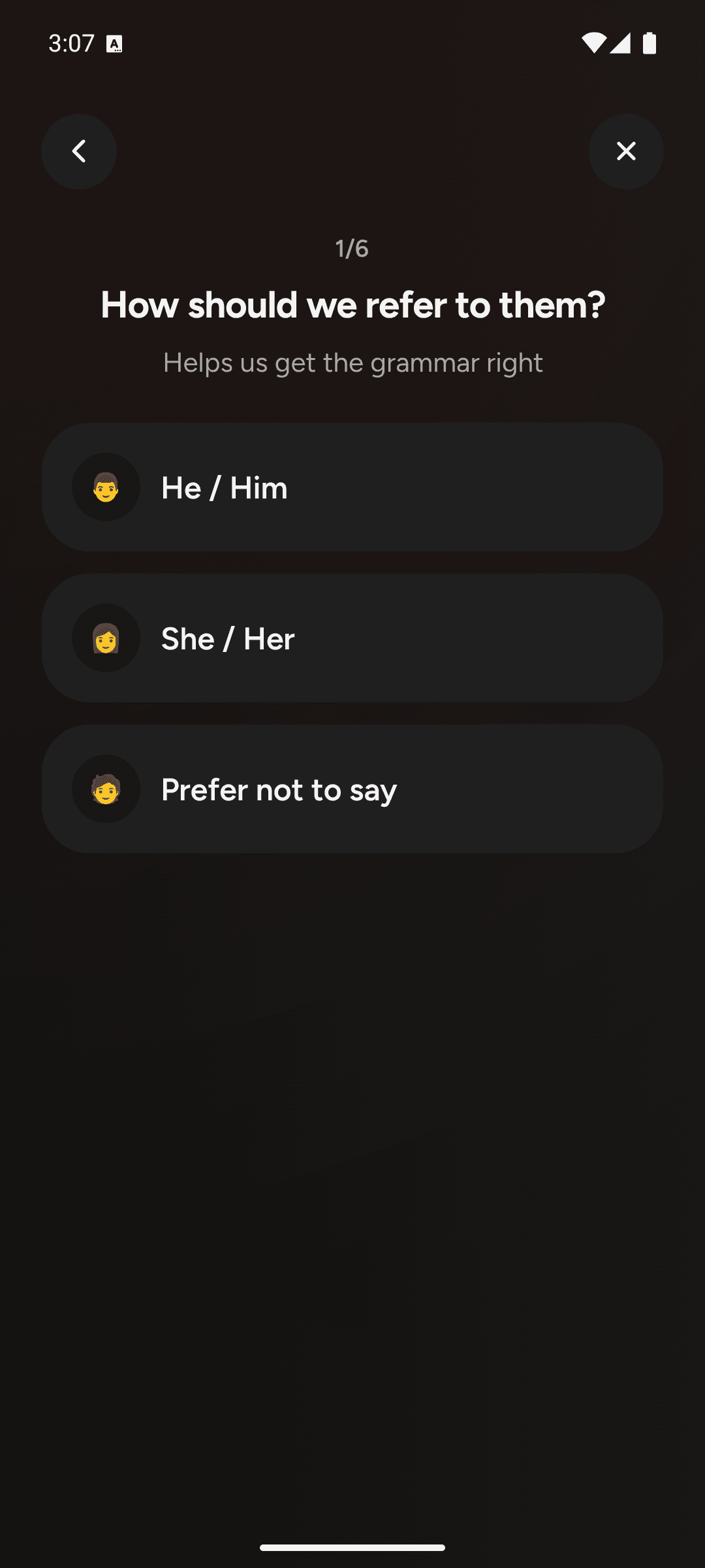 Rizzky's chat-setup flow asking how to refer to the person the AI chat is being built for