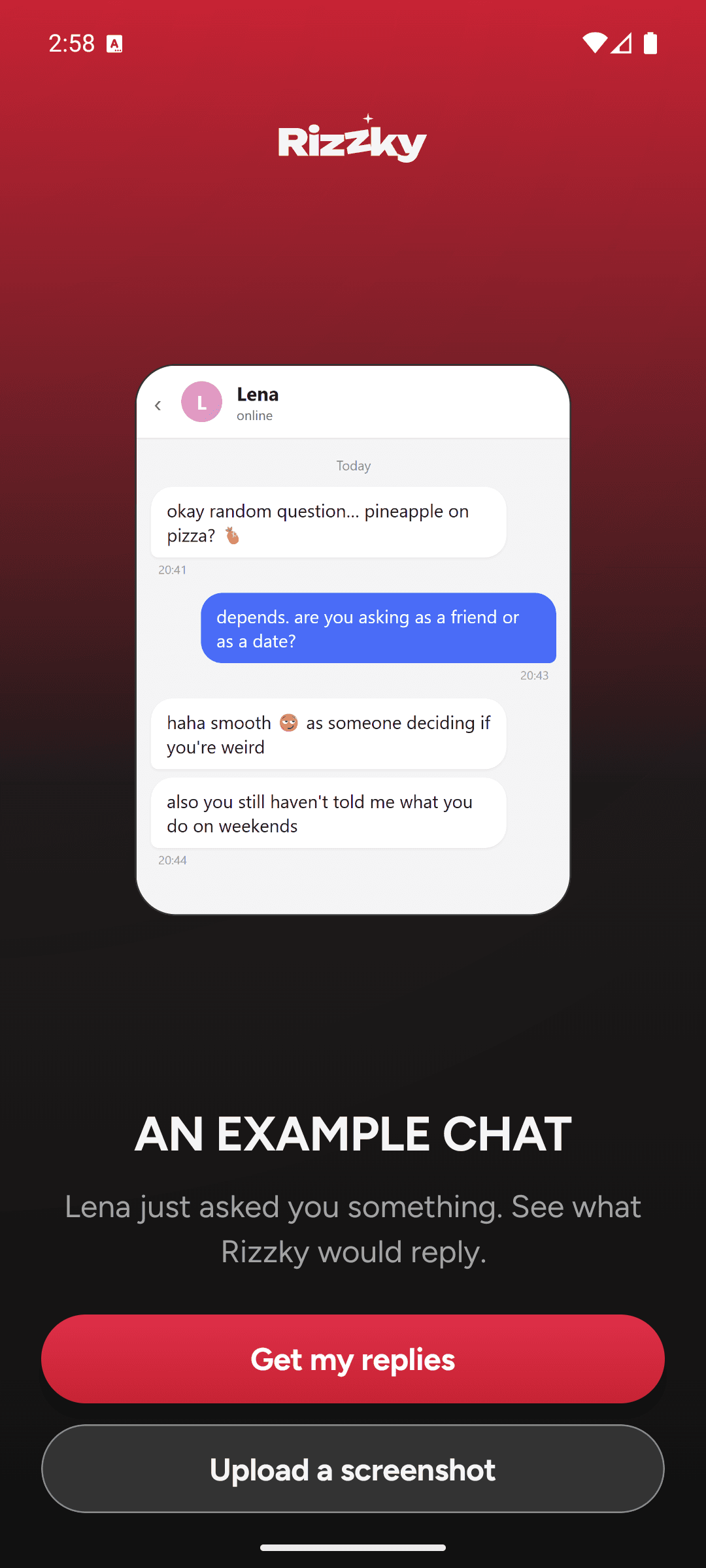 A realistic example conversation shown inside Rizzky, the same screenshot-upload flow used for both conversations and dating profiles