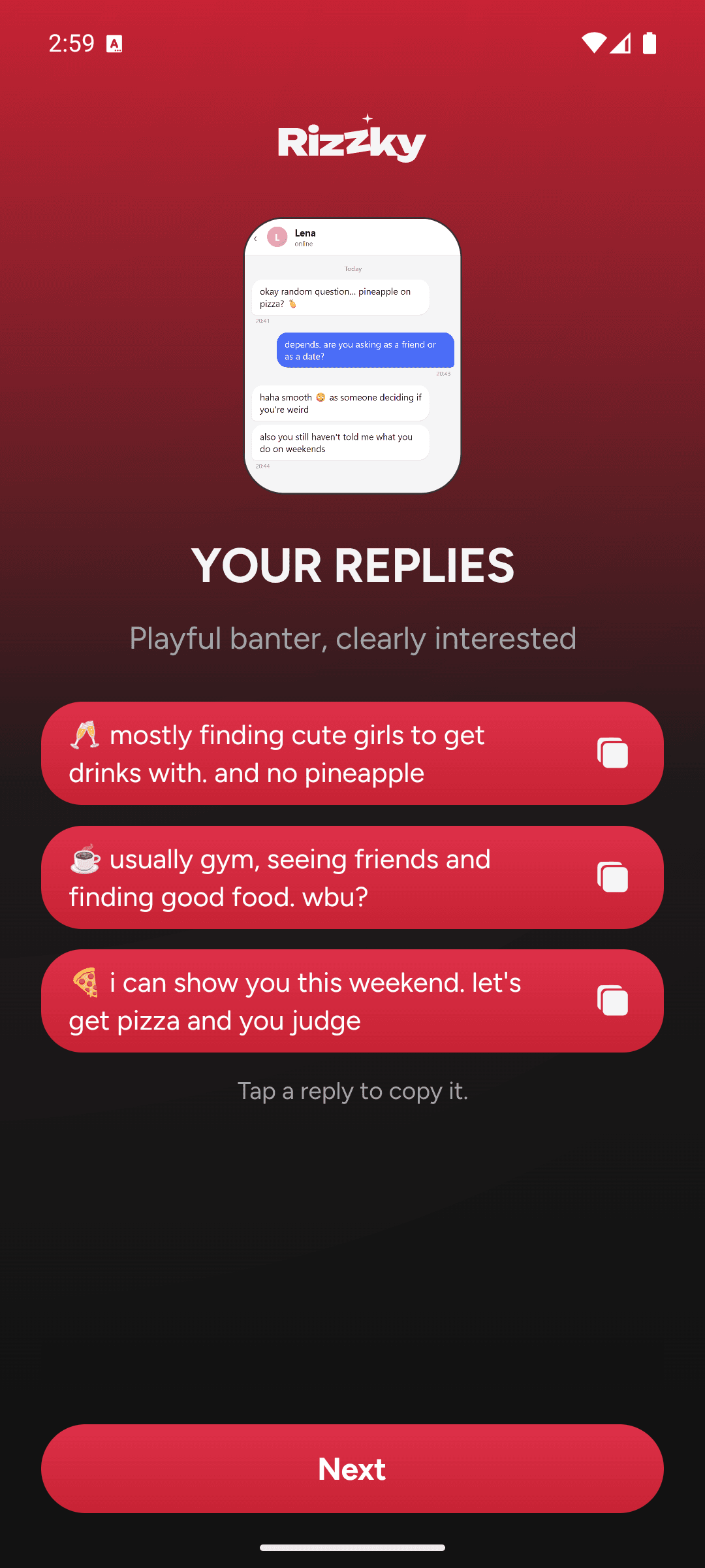 Rizzky's reply screen showing three AI-generated reply options in different tones for a real conversation